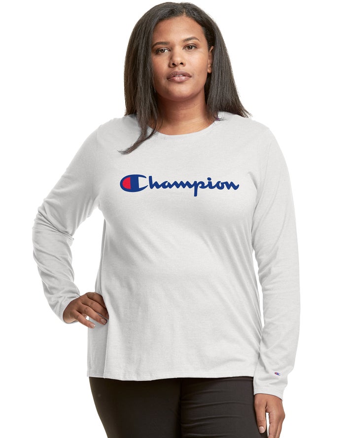 Champion Plus Classic Long-Sleeve Script Logo T-Shirt Dames - Wit - Belgie 6908TBVFD